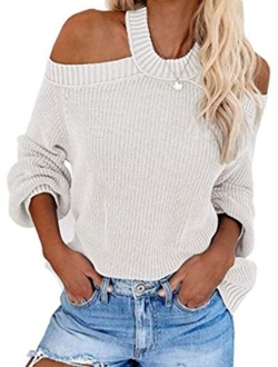 Womens Off Shoulder Sweaters Halter Cutout Back Loose Puff Long Sleeve Knit Pullover Jumper Tops