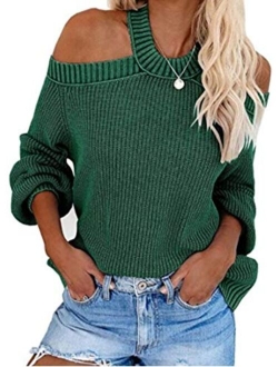 Womens Off Shoulder Sweaters Halter Cutout Back Loose Puff Long Sleeve Knit Pullover Jumper Tops