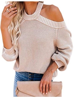 Womens Off Shoulder Sweaters Halter Cutout Back Loose Puff Long Sleeve Knit Pullover Jumper Tops