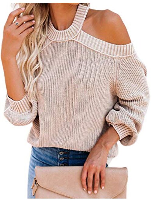 Womens Off Shoulder Sweaters Halter Cutout Back Loose Puff Long Sleeve Knit Pullover Jumper Tops