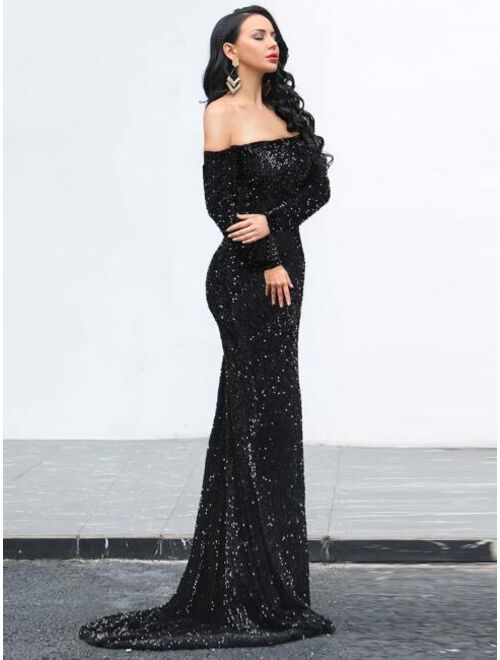 Missord Off Shoulder Sequin Fishtail Prom Dress