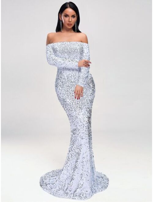 Missord Off Shoulder Sequin Fishtail Prom Dress