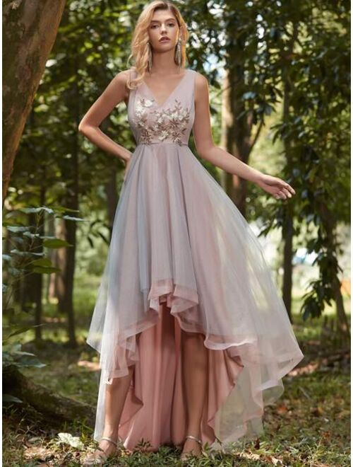 Ever-pretty Asymmetrical Hem Applique Prom Dress