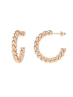 14K Gold Plated 925 Sterling Silver Twisted Rope Round Hoop Earrings in Rose Gold, White Gold and Yellow Gold