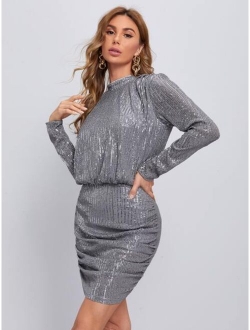 Mock Neck Ruched Sequin Dress