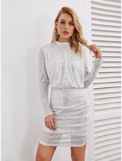 Mock Neck Ruched Sequin Dress