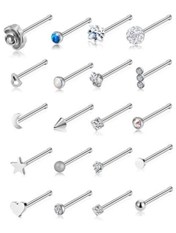 Tornito 20G 20Pcs Nose Ring CZ Nose Stud Retainer L Bone Screw Shaped Nose Piercing Jewelry Set for Women Men Stainless Steel Silver Tone