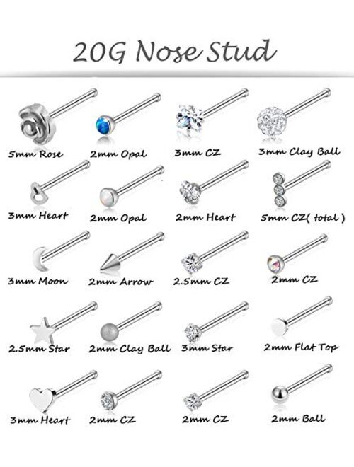 Tornito 20G 20Pcs Nose Ring CZ Nose Stud Retainer L Bone Screw Shaped Nose Piercing Jewelry Set for Women Men Stainless Steel Silver Tone