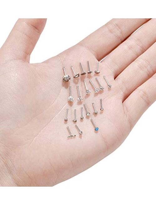 Tornito 20G 20Pcs Nose Ring CZ Nose Stud Retainer L Bone Screw Shaped Nose Piercing Jewelry Set for Women Men Stainless Steel Silver Tone