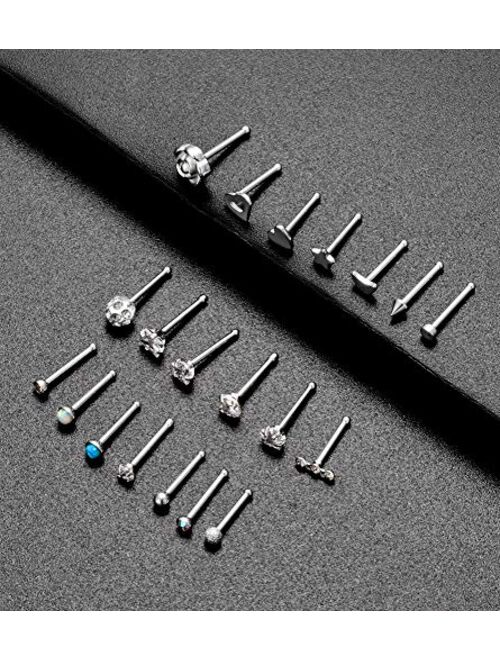 Tornito 20G 20Pcs Nose Ring CZ Nose Stud Retainer L Bone Screw Shaped Nose Piercing Jewelry Set for Women Men Stainless Steel Silver Tone