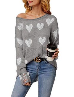 Chang Yun Women Off Shoulder Knitted Pullovers Sweater Loose Long Sleeve Hearts Printed Ripped Tops