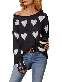 Chang Yun Women Off Shoulder Knitted Pullovers Sweater Loose Long Sleeve Hearts Printed Ripped Tops