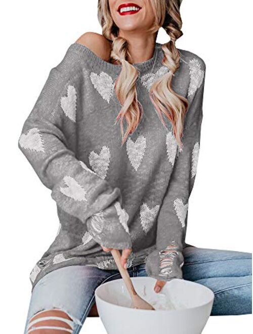 Chang Yun Women Off Shoulder Knitted Pullovers Sweater Loose Long Sleeve Hearts Printed Ripped Tops