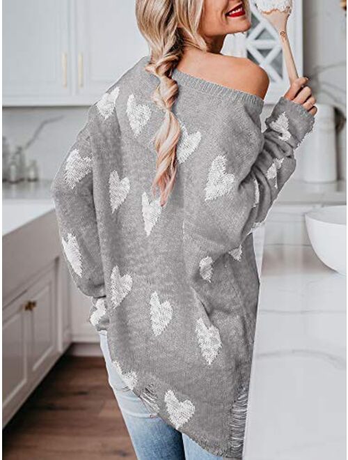 Chang Yun Women Off Shoulder Knitted Pullovers Sweater Loose Long Sleeve Hearts Printed Ripped Tops