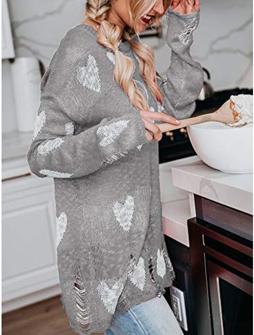 Chang Yun Women Off Shoulder Knitted Pullovers Sweater Loose Long Sleeve Hearts Printed Ripped Tops