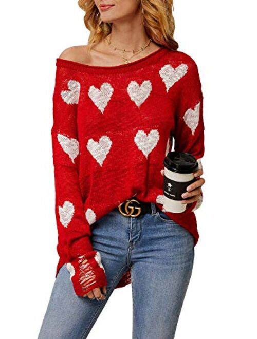 Chang Yun Women Off Shoulder Knitted Pullovers Sweater Loose Long Sleeve Hearts Printed Ripped Tops