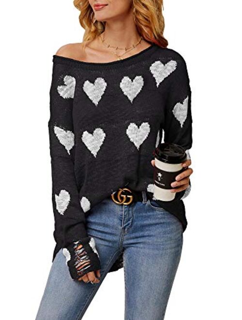 Chang Yun Women Off Shoulder Knitted Pullovers Sweater Loose Long Sleeve Hearts Printed Ripped Tops