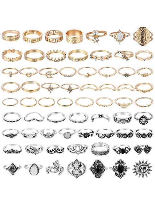 PANTIDE 67Pcs Vintage Knuckle Rings Set Stackable Finger Rings Midi Rings for Women Bohemian Hollow Carved Flowers Gold&Silver Rings Crystal Joint Rings with Storage Bag