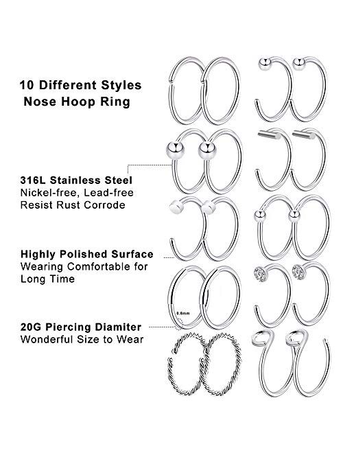 ONESING 38-72 PCS 20G Nose Rings for Women Nose Studs Nose Piercing Jewelry Nose Ring Hoop Screw 316L Stainless Steel for Women Men