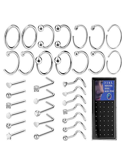 ONESING 38-72 PCS 20G Nose Rings for Women Nose Studs Nose Piercing Jewelry Nose Ring Hoop Screw 316L Stainless Steel for Women Men