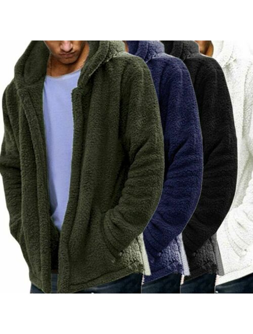 Mens Winter Thick Hoodies Tops Fluffy Men's Jacket Fleece Fur Jacket Hooded Coat Outerwear A8