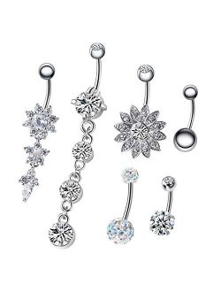 6PCS 14G Stainless Steel Dangle Belly Button Rings for Women Belly Piercing CZ Inlaid NASAMA