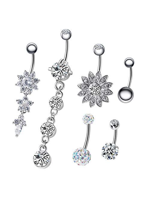 6PCS 14G Stainless Steel Dangle Belly Button Rings for Women Belly Piercing CZ Inlaid NASAMA