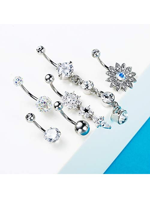 6PCS 14G Stainless Steel Dangle Belly Button Rings for Women Belly Piercing CZ Inlaid NASAMA