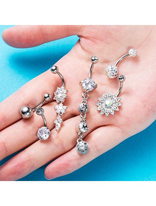 6PCS 14G Stainless Steel Dangle Belly Button Rings for Women Belly Piercing CZ Inlaid NASAMA