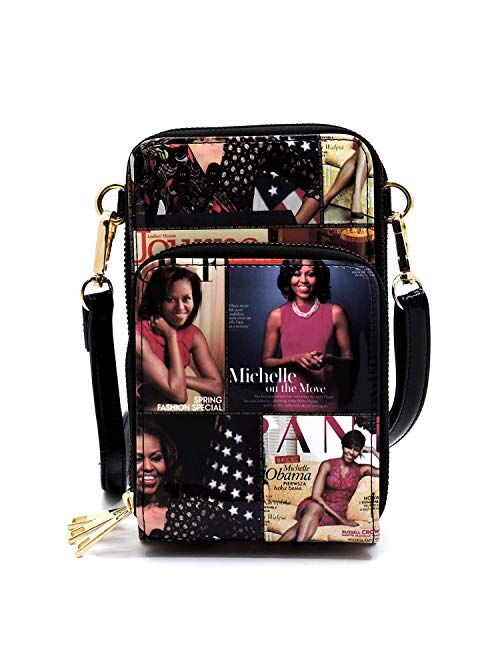 Magazine Cover Collage Michelle Obama Printed Crossbody Bag CellPhone Purse Wallet