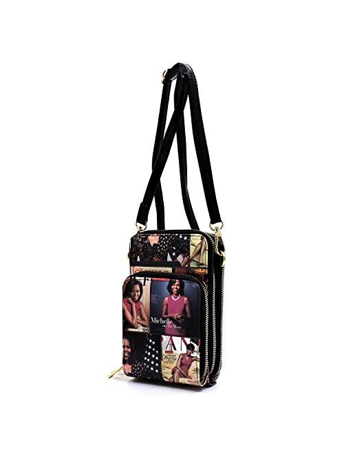 Magazine Cover Collage Michelle Obama Printed Crossbody Bag CellPhone Purse Wallet