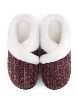 Homitem Women's Cozy Memory Foam Chenille Slippers with Memory Foam, Ladies'Fuzzy Fleece Lining Slip on House Slipper Shoes with Anti-Skid Rubber Sole Indoor Outdoor Shoe