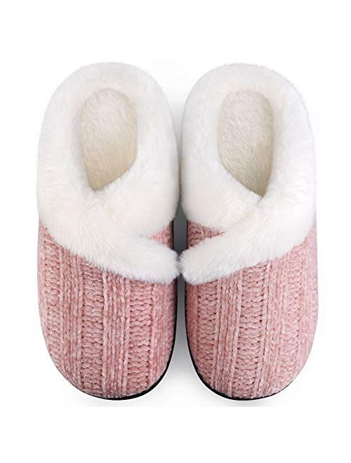 Homitem Women's Cozy Memory Foam Chenille Slippers with Memory Foam, Ladies'Fuzzy Fleece Lining Slip on House Slipper Shoes with Anti-Skid Rubber Sole Indoor Outdoor Shoe