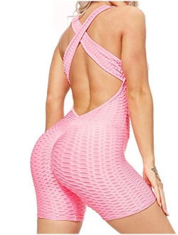 Women Yoga Jumpsuit Backless One Piece Workout Catsuit Bodysuit Sleeveless Textured Gym Bodycon Romper