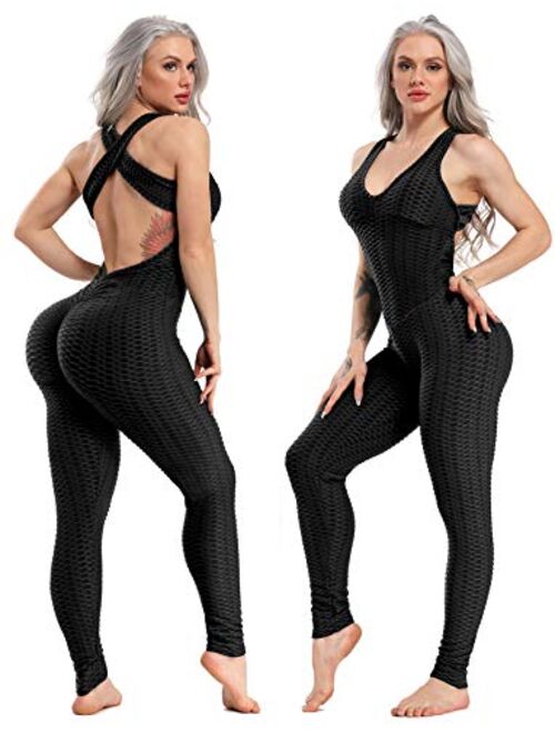 SEASUM Women Yoga Jumpsuit Backless One Piece Workout Catsuit Bodysuit Sleeveless Textured Gym Bodycon Romper