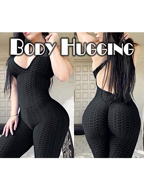 SEASUM Women Yoga Jumpsuit Backless One Piece Workout Catsuit Bodysuit  Sleeveless Textured Gym Bodycon Romper