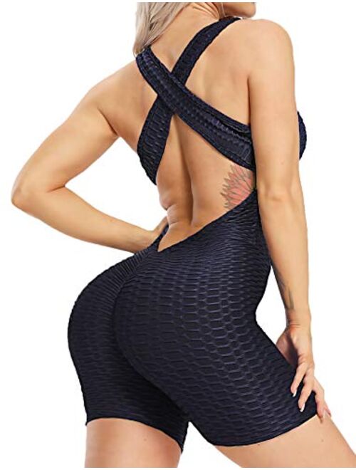 SEASUM Women Yoga Jumpsuit Backless One Piece Workout Catsuit Bodysuit Sleeveless Textured Gym Bodycon Romper