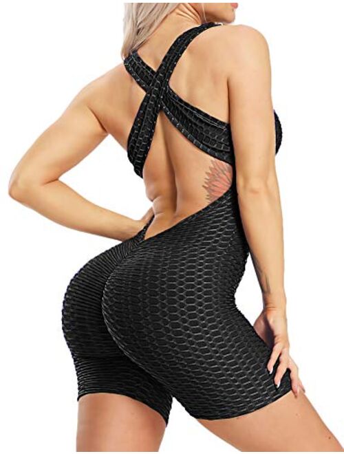 SEASUM Women Yoga Jumpsuit Backless One Piece Workout Catsuit Bodysuit Sleeveless Textured Gym Bodycon Romper