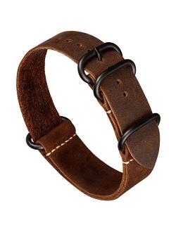 Benchmark Basics Leather Watch Band - Zulu Crazy Horse Oiled NATO Strap - 18mm, 20mm, 22mm & 24mm - 7 Colors