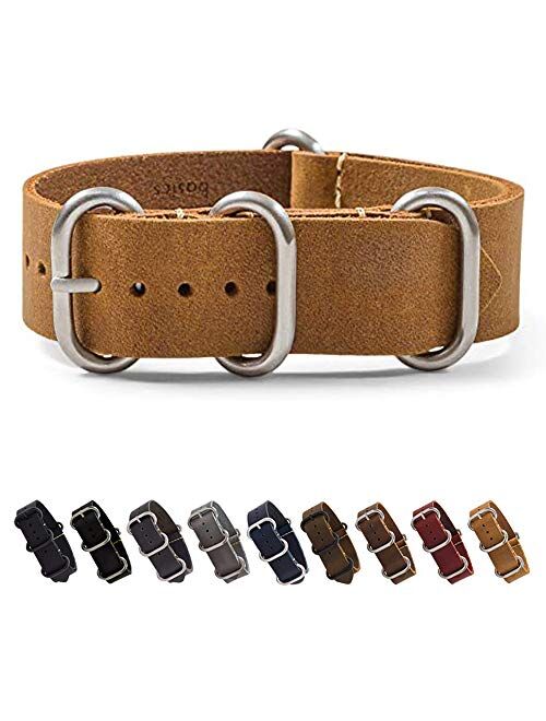 Benchmark Basics Leather Watch Band - Zulu Crazy Horse Oiled NATO Strap - 18mm, 20mm, 22mm & 24mm - 7 Colors