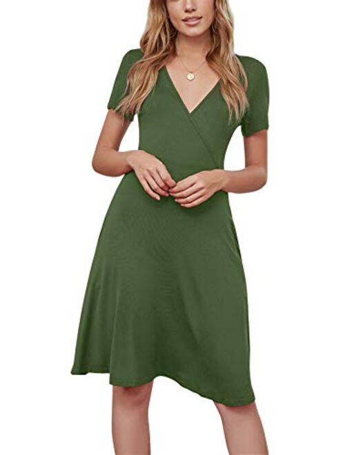 DB MOON Women Summer Casual Short Sleeve Dresses Empire Waist Dress with Pockets