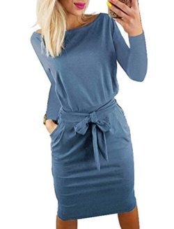 Women's 2021 Casual Long Sleeve Party Bodycon Sheath Belted Dress with Pockets