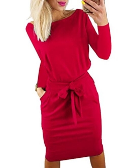 Women's 2021 Casual Long Sleeve Party Bodycon Sheath Belted Dress with Pockets