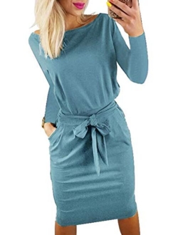 Women's 2021 Casual Long Sleeve Party Bodycon Sheath Belted Dress with Pockets