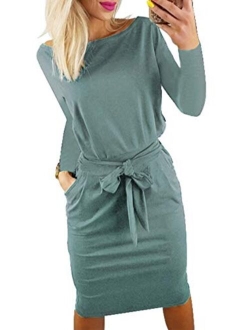 Women's 2021 Casual Long Sleeve Party Bodycon Sheath Belted Dress with Pockets