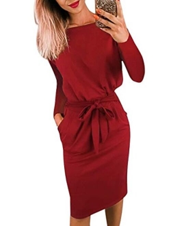 Women's 2021 Casual Long Sleeve Party Bodycon Sheath Belted Dress with Pockets