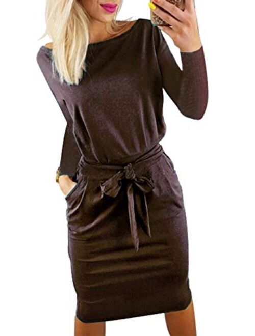 PRETTYGARDEN Women's 2021 Casual Long Sleeve Party Bodycon Sheath Belted Dress with Pockets