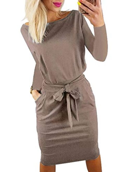 PRETTYGARDEN Women's 2021 Casual Long Sleeve Party Bodycon Sheath Belted Dress with Pockets