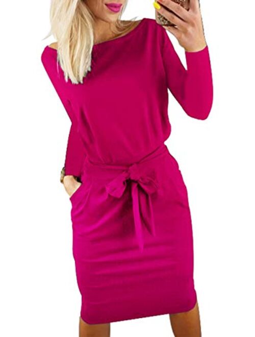 PRETTYGARDEN Women's 2021 Casual Long Sleeve Party Bodycon Sheath Belted Dress with Pockets