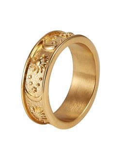 8mm Moon Star Sun Statement Ring Stainless Steel Boho Jewelry for Women Men